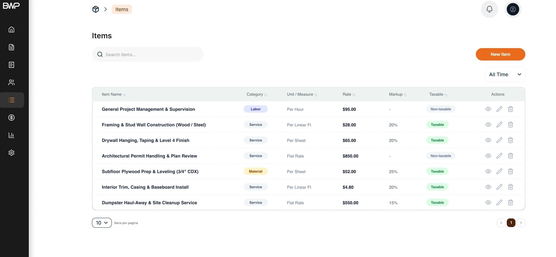 Your services in the Items Catalog