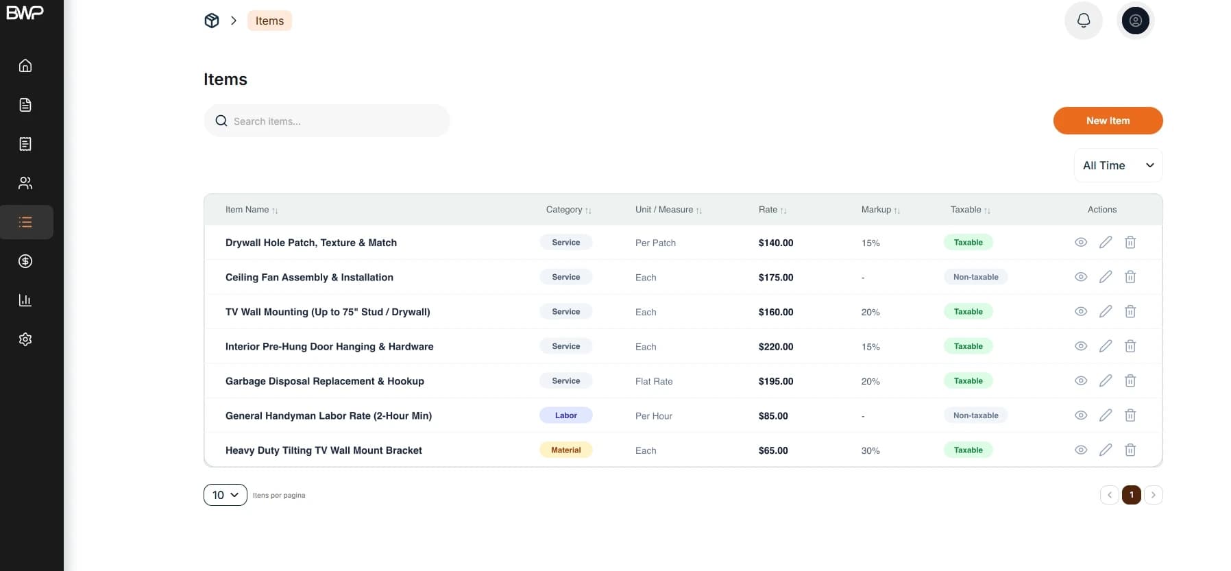Your handyman services saved in the Items Catalog