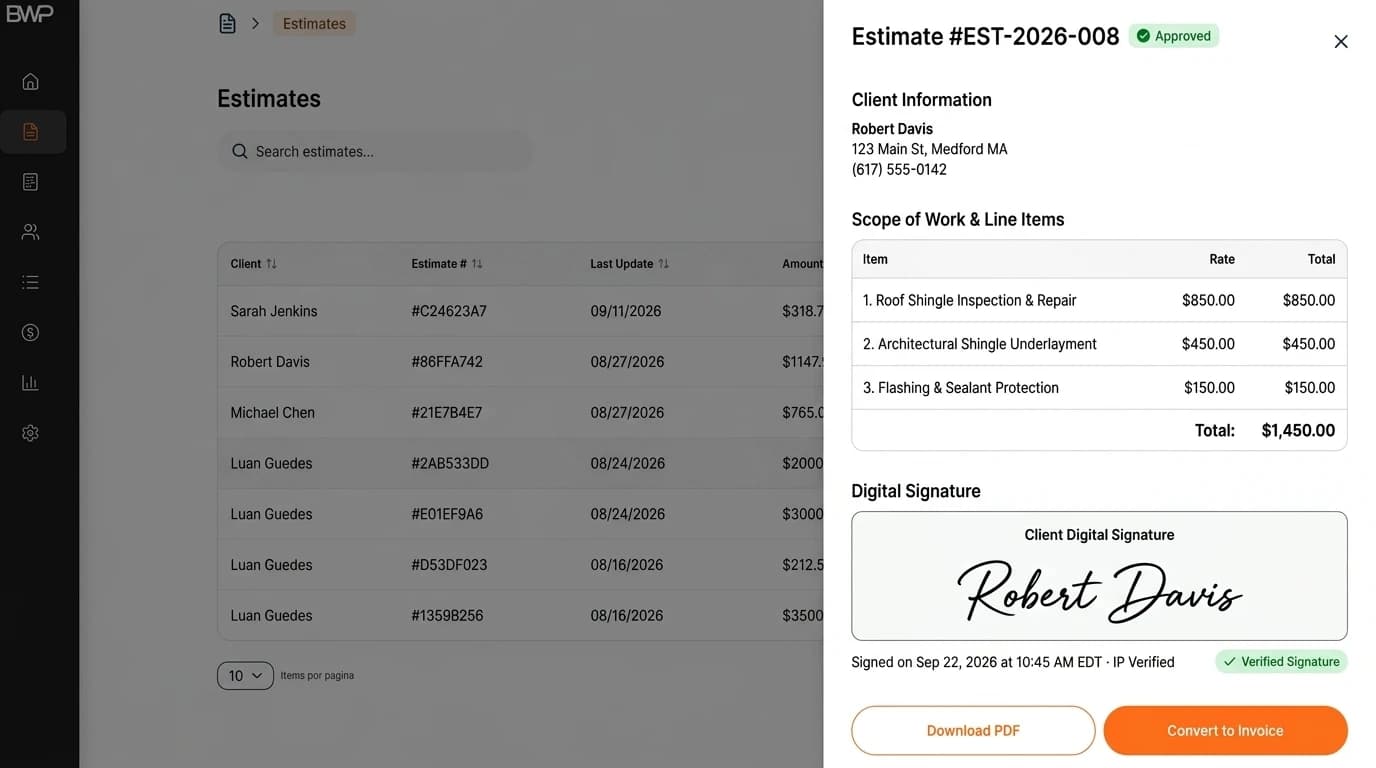BuildWisePro real approved estimate with digital signature and Convert to Invoice button
