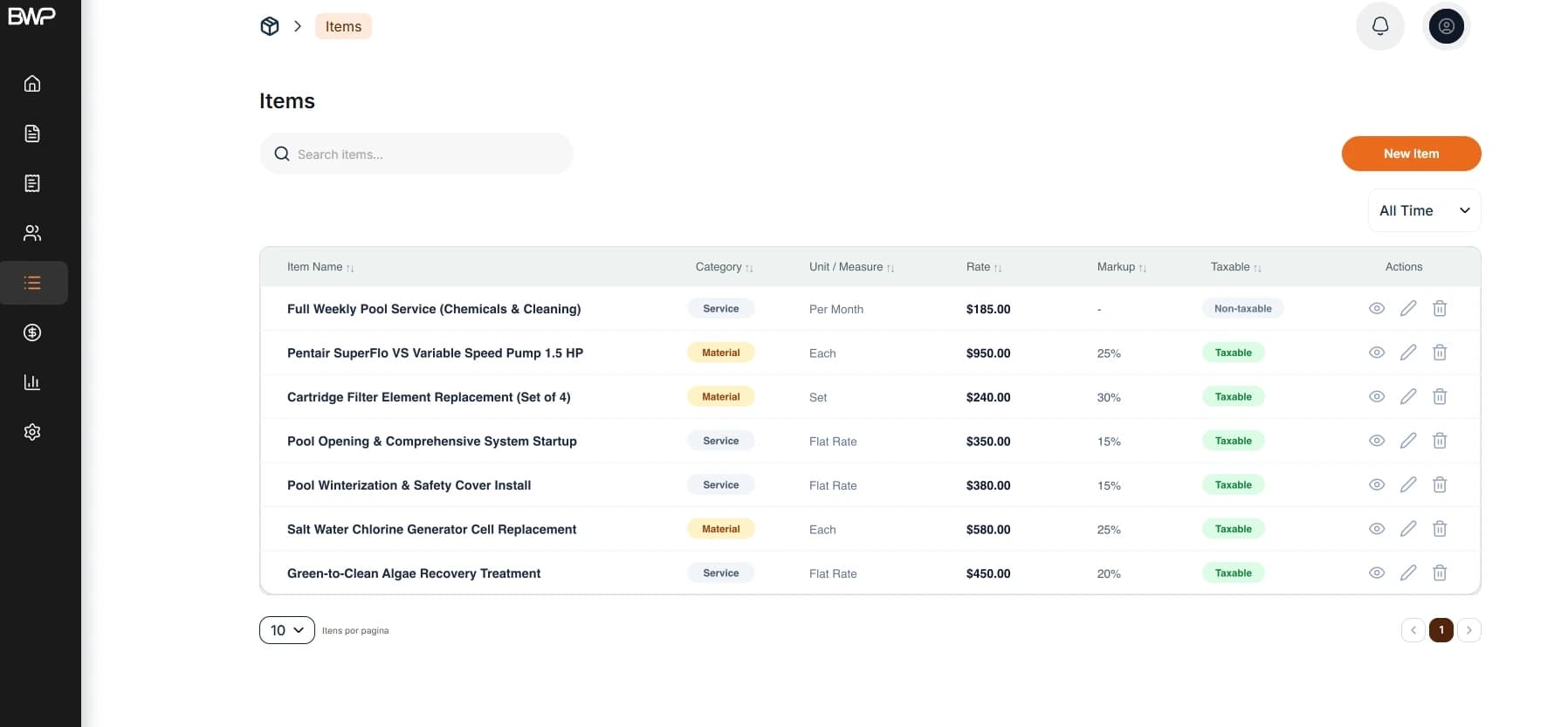 Your pool services saved in the Items Catalog