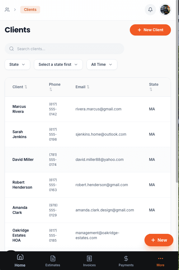 Clients CRM directory with phone, email, and service locations