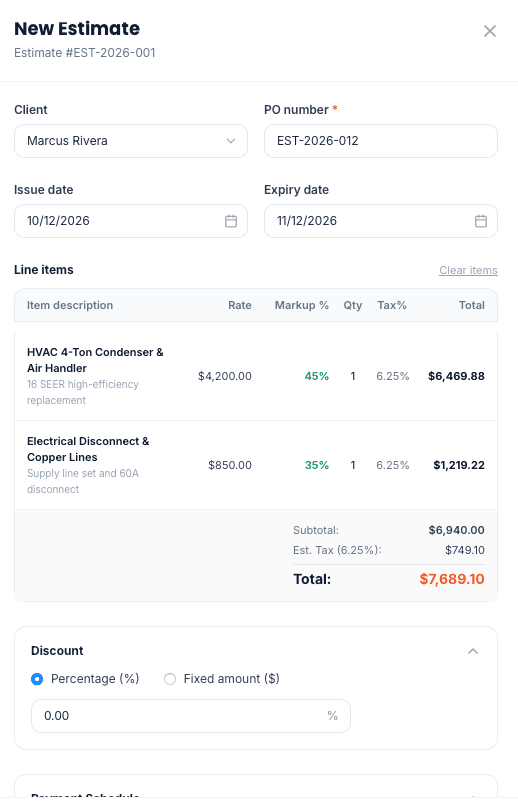 New estimate builder with line items, markups and taxes