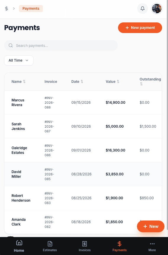 Payments ledger with invoice numbers, payment dates, values and balances